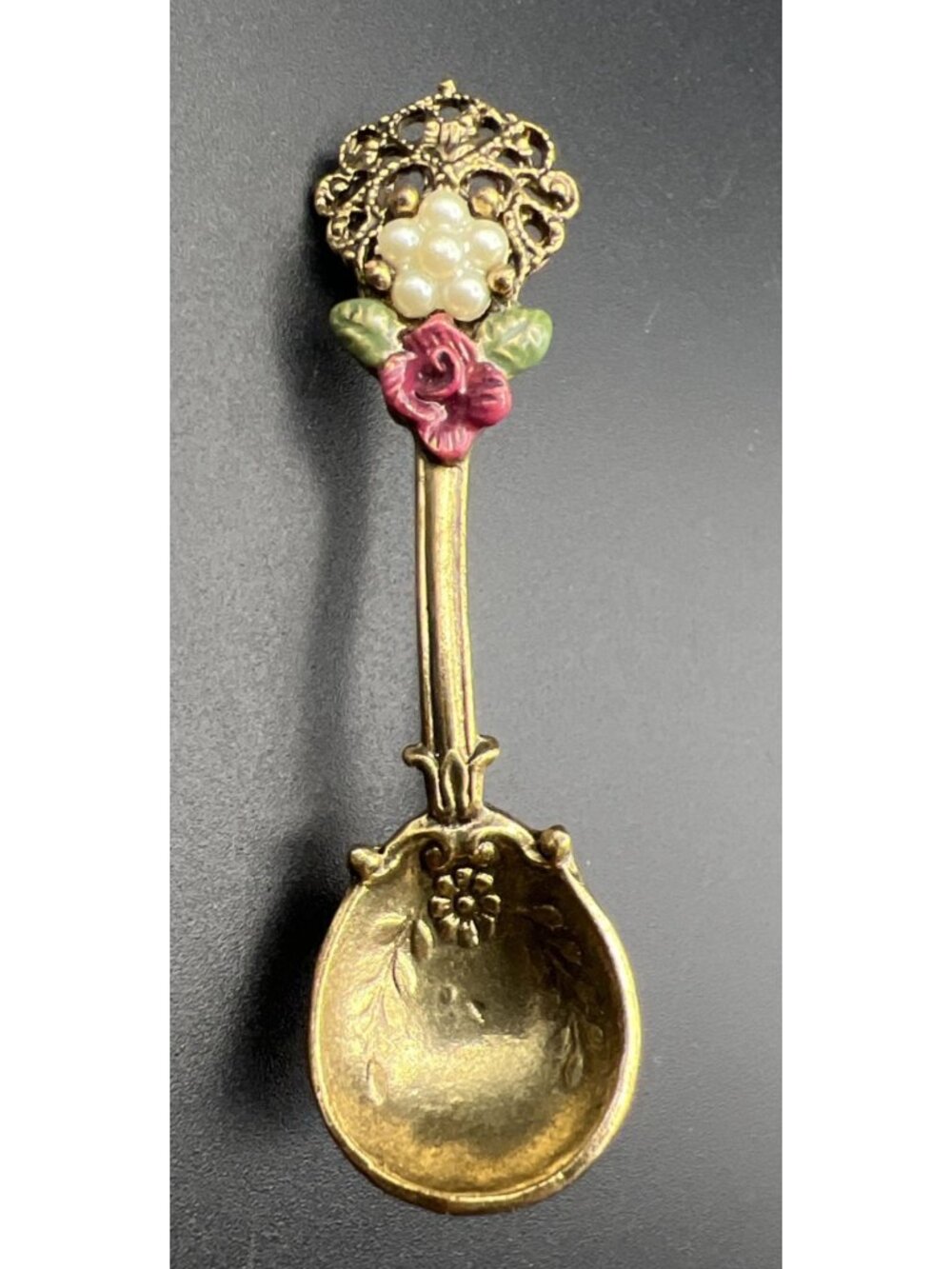 Vintage Spoon Brooch Pin Gold Tone Seed Pearls Floral 2" Long